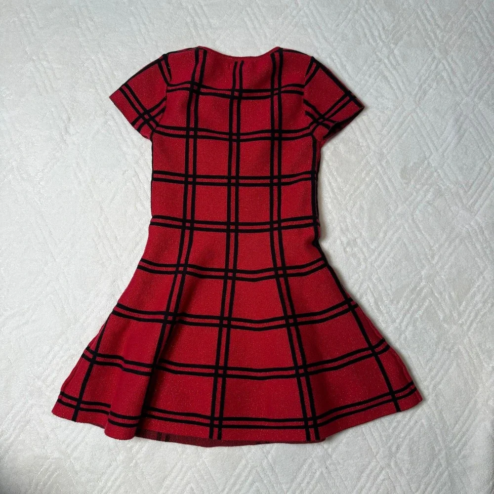 Preppy Holiday Tahari Girls 7/8 Red Black Plaid Metallic Knit Dress